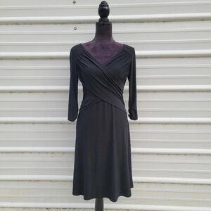 B-Slim Black V-Neck Stretch Faux Wrap Built-in Shapewear Dress Slimming 3/4 S